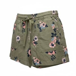 Nautica Linen Blend Tropical Floral Shorts Womens Size Small Olive Green Pull On